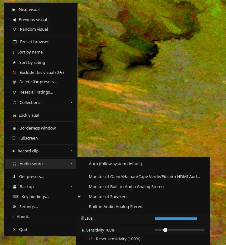The Audio source submenu listing the outputs it can listen to, with a level meter under them