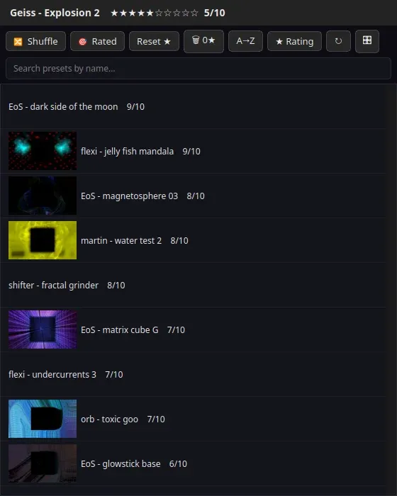 The preset browser sorted by rating, thumbnails beside the highest-scoring names