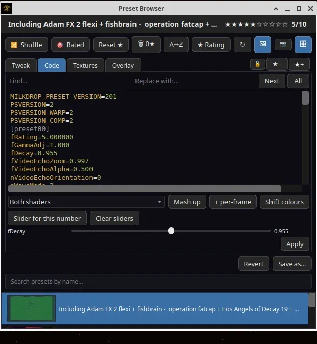 The code tab showing a preset’s own source, with a slider created for the fDecay value underneath it