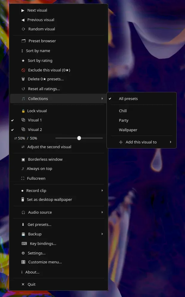 The Collections submenu listing All presets, Chill, Party and Wallpaper