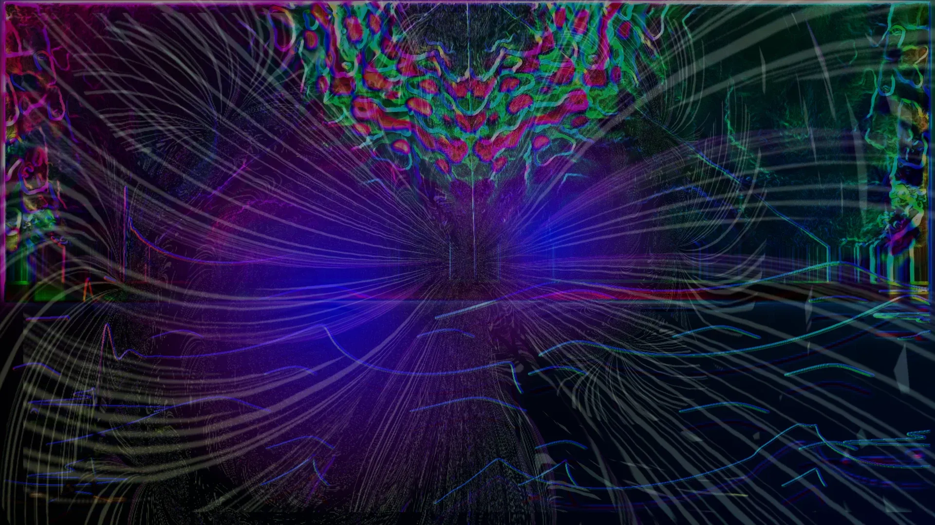 Two presets on screen at once — a fine white and blue radial spray with a green and magenta coral structure showing through it