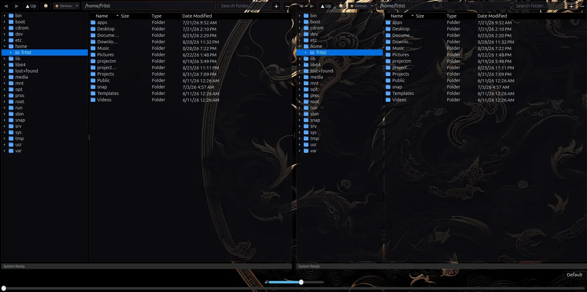 The file browser split into two independent panes