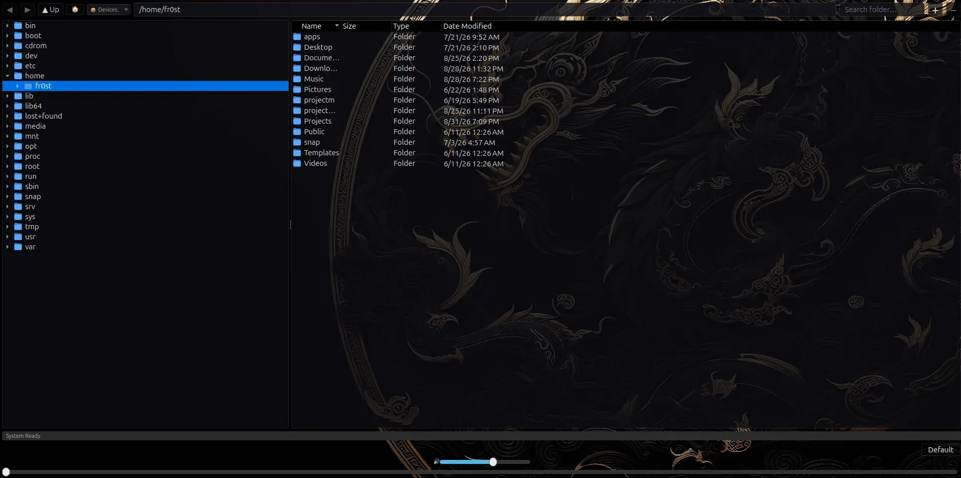 The file browser tab showing a filesystem tree and a detail list