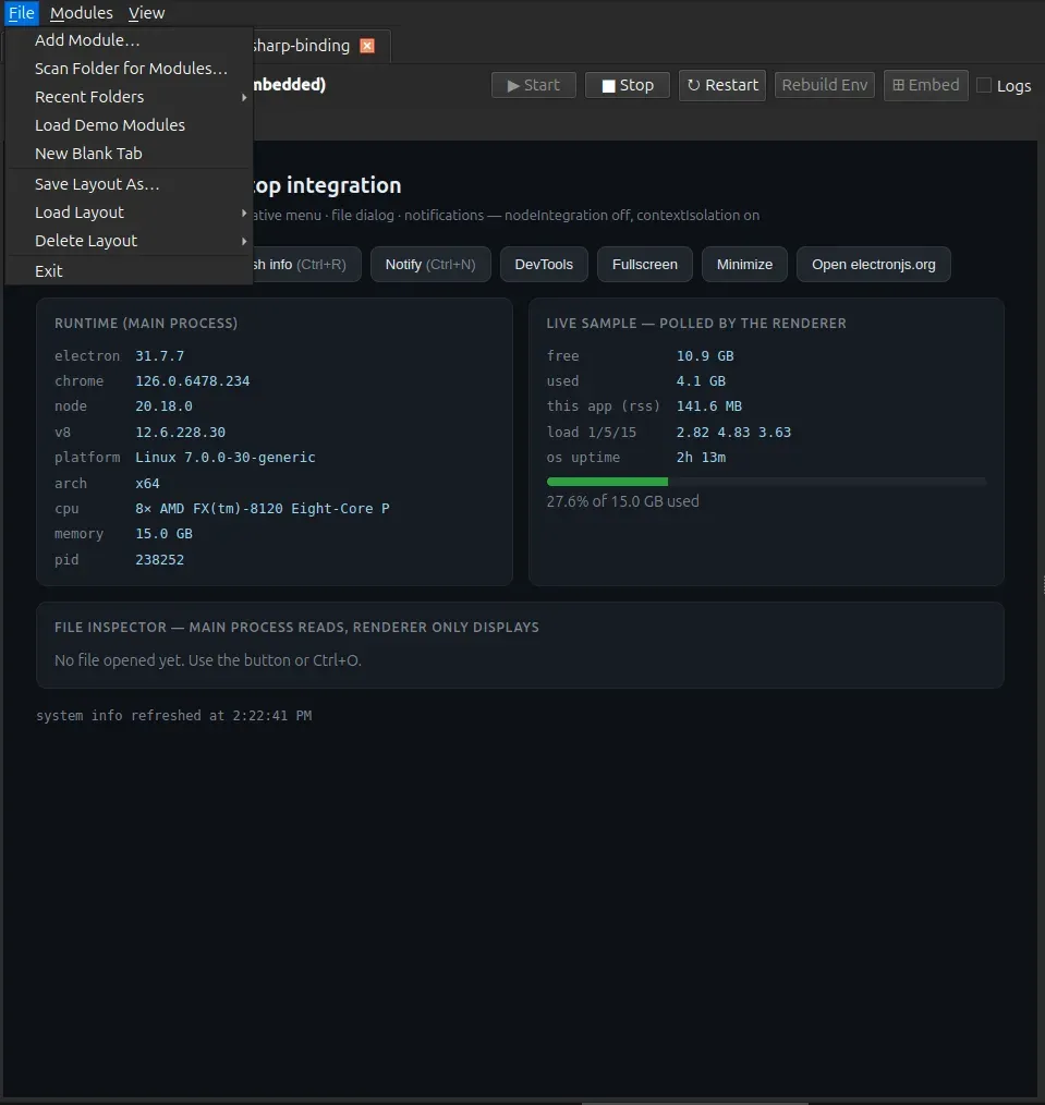 The File menu showing module and layout commands