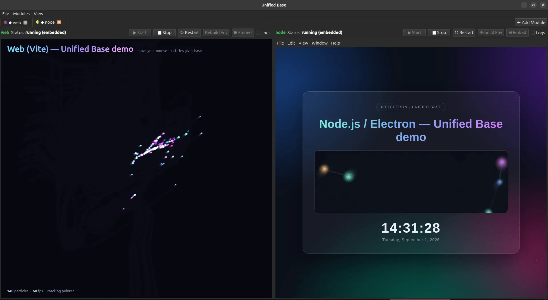 Unified Base running a web module and an Electron module side by side in one window