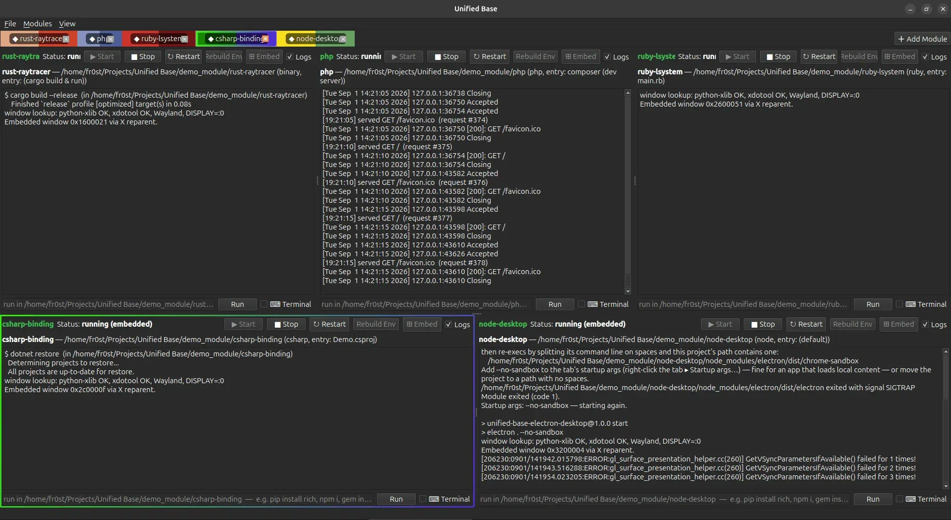 The same modules with their live log panels open