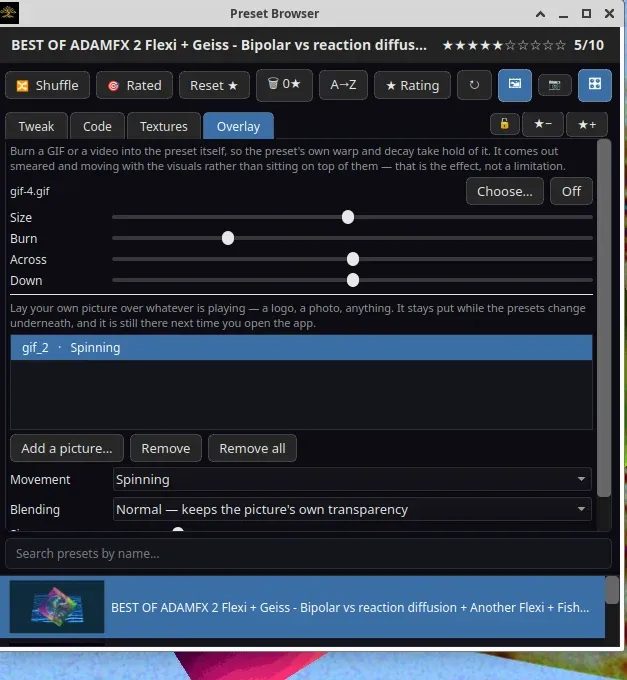 The overlay tab of the browser: burn-in controls at the top, and below them one picture listed with movement, blending, size and opacity