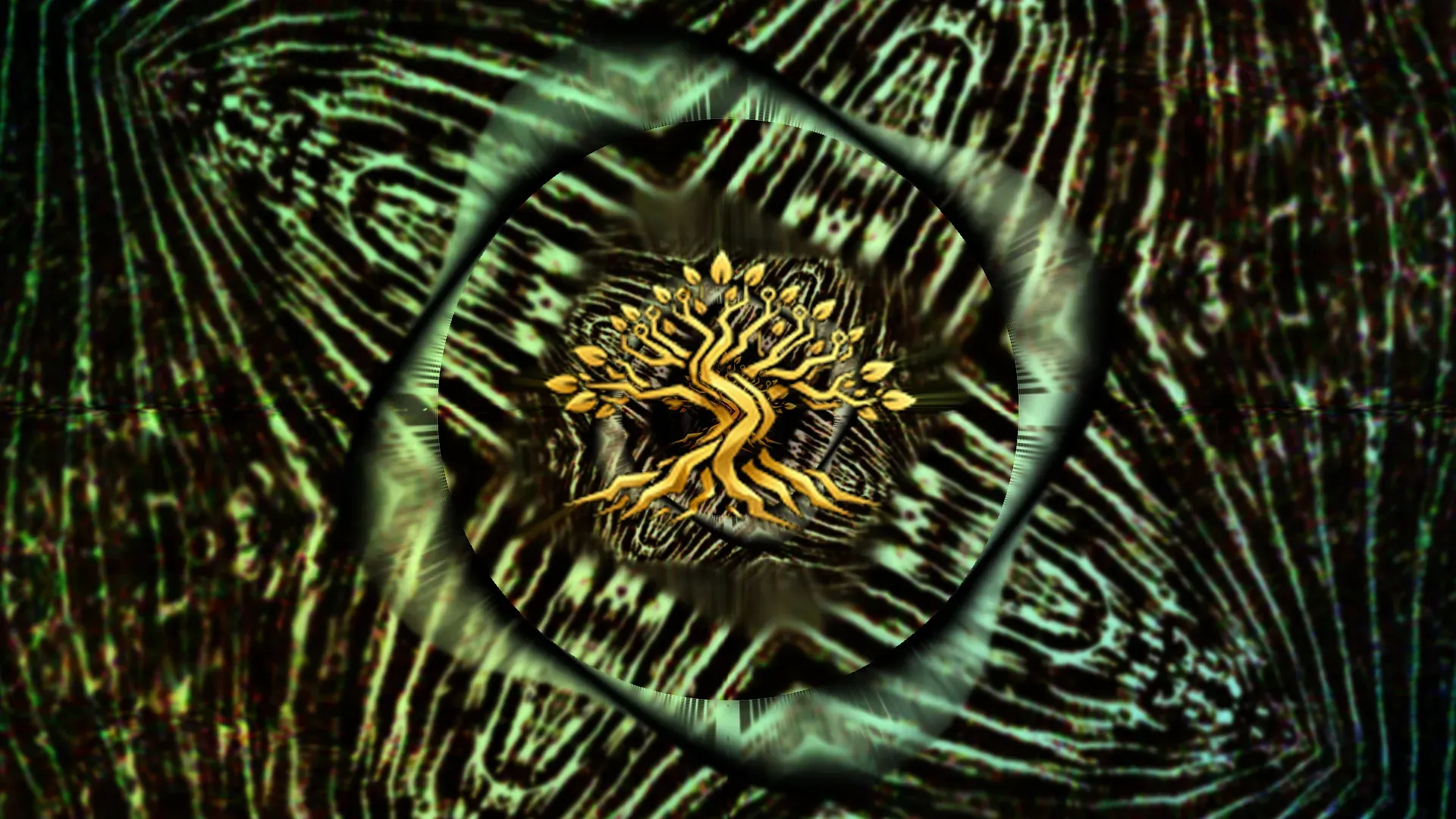 A gold tree logo laid over a soft blue and green preset, inside a dark ring the preset drew around it