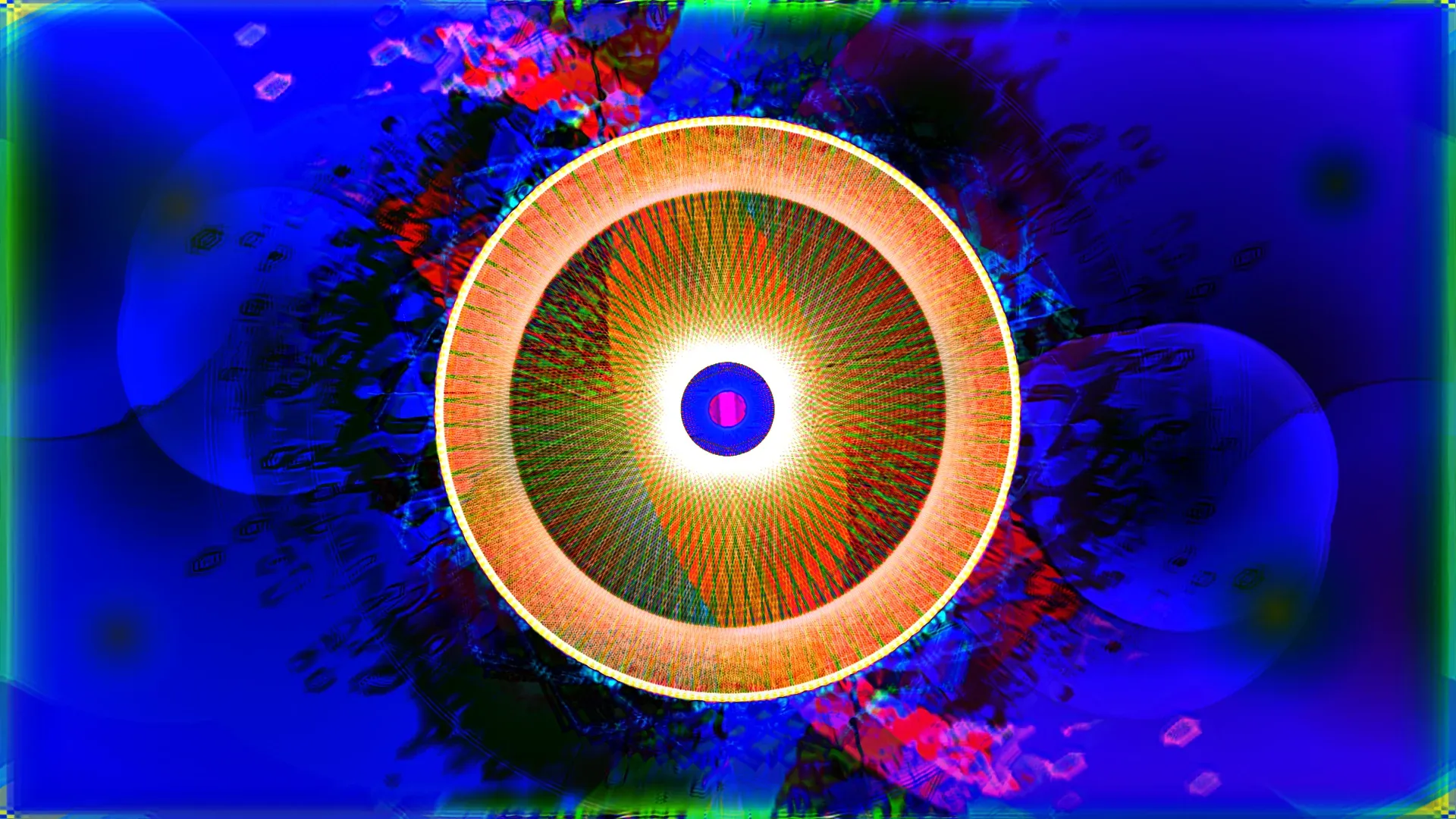 A blue and orange mandala preset rendering full screen