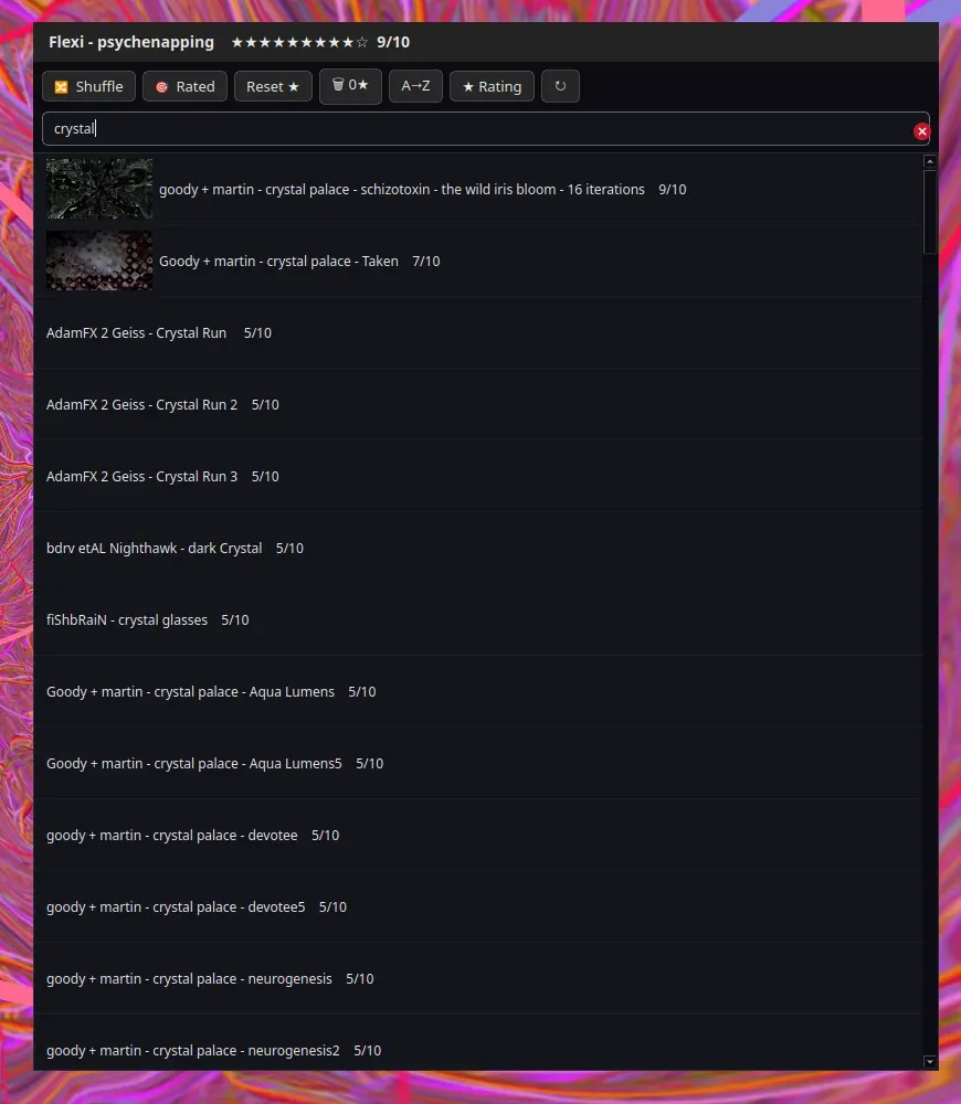 The preset browser filtered to the presets whose names contain the word crystal