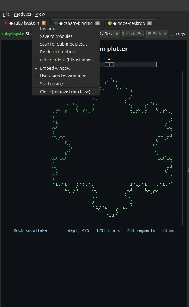 The right-click menu on a module tab