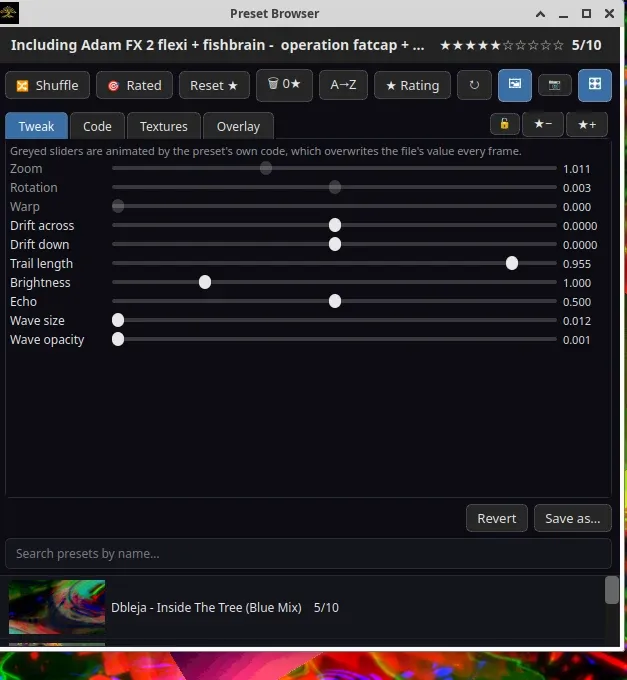 The tweak panel open in the browser, ten sliders over the preset that is playing