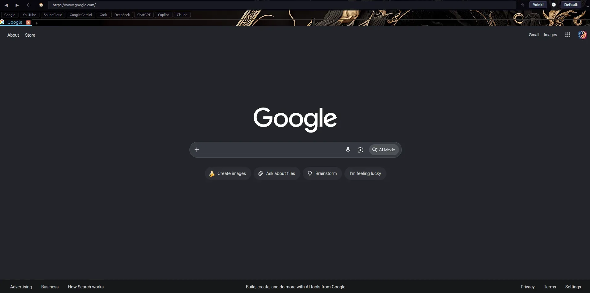 The built-in web browser showing a search page