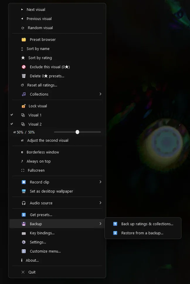 The same Backup submenu on Windows
