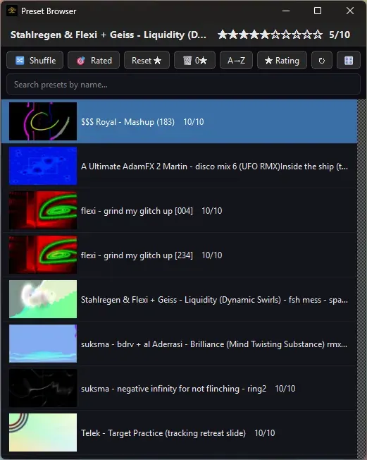 The same browser on Windows, sorted by rating, the top of an 11,000-preset library
