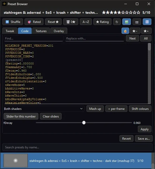 The same code tab on Windows, a mashed-up preset’s source with a slider made for its fDecay line