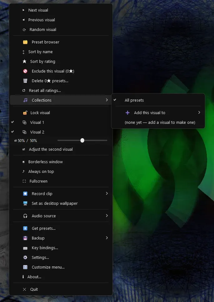 The Collections submenu on Windows before any collection has been made