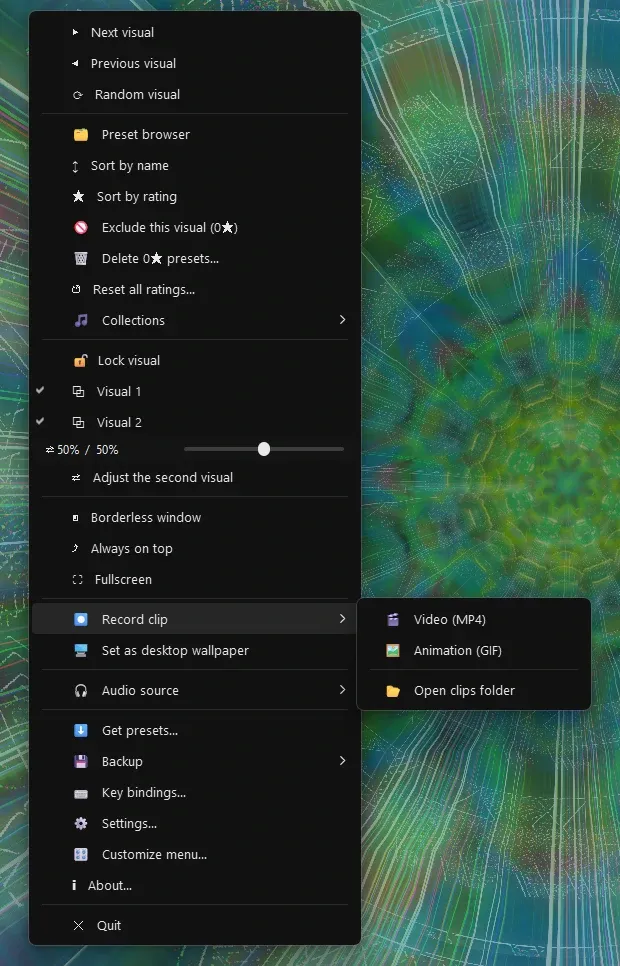 The same menu on Windows — a switch for each visual, the crossfader under them at 50/50, and the Record clip submenu open