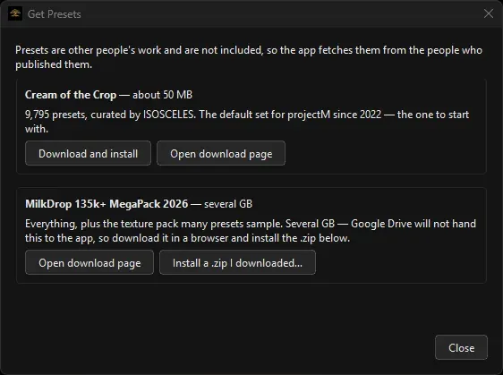 The Get Presets dialog offering the Cream of the Crop pack and the MegaPack