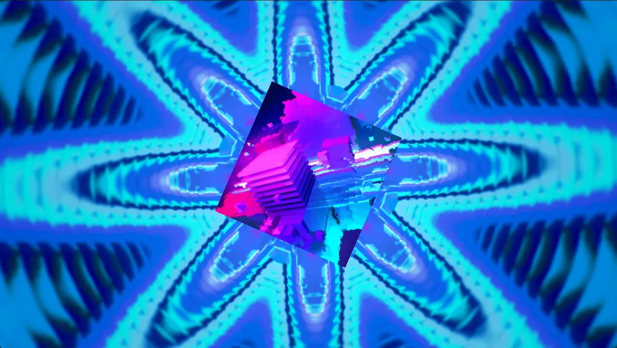 An animated pink and violet cityscape turning on its corner over a cyan and blue preset on Windows