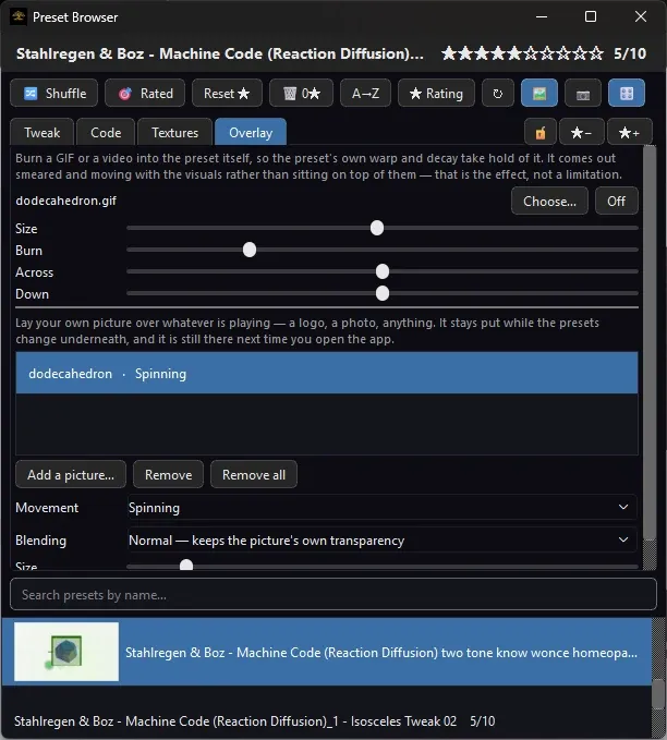 The overlay tab on Windows with the same controls and one picture loaded